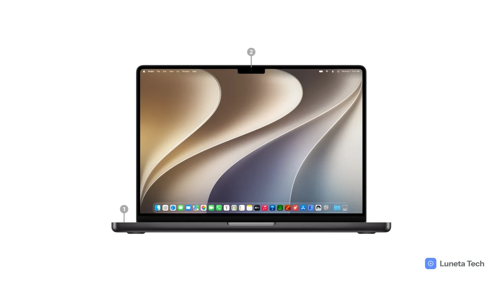 Apple MacBook Pro: MacBook Pro preto aberto, visto de frente, com tela de papel de parede bege e recorte da câmera, com marcações numeradas 1 e 2