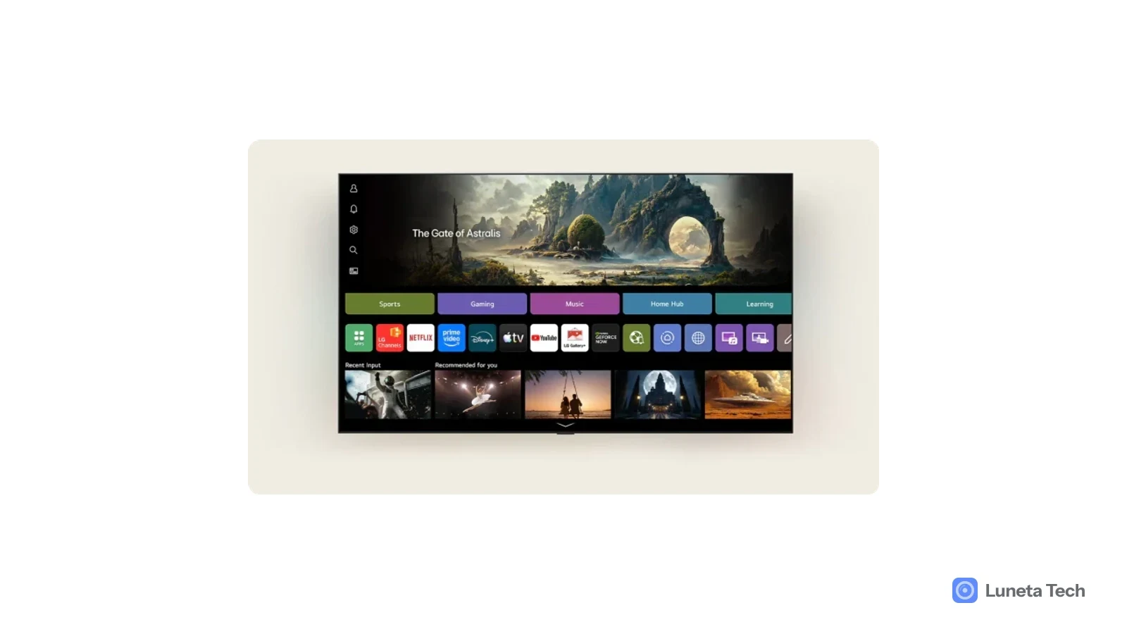 LG OLED evo AI 4K C6: Televisor de tela grande exibindo a tela inicial com paisagem de fantasia, categorias e aplicativos, sobre fundo bege