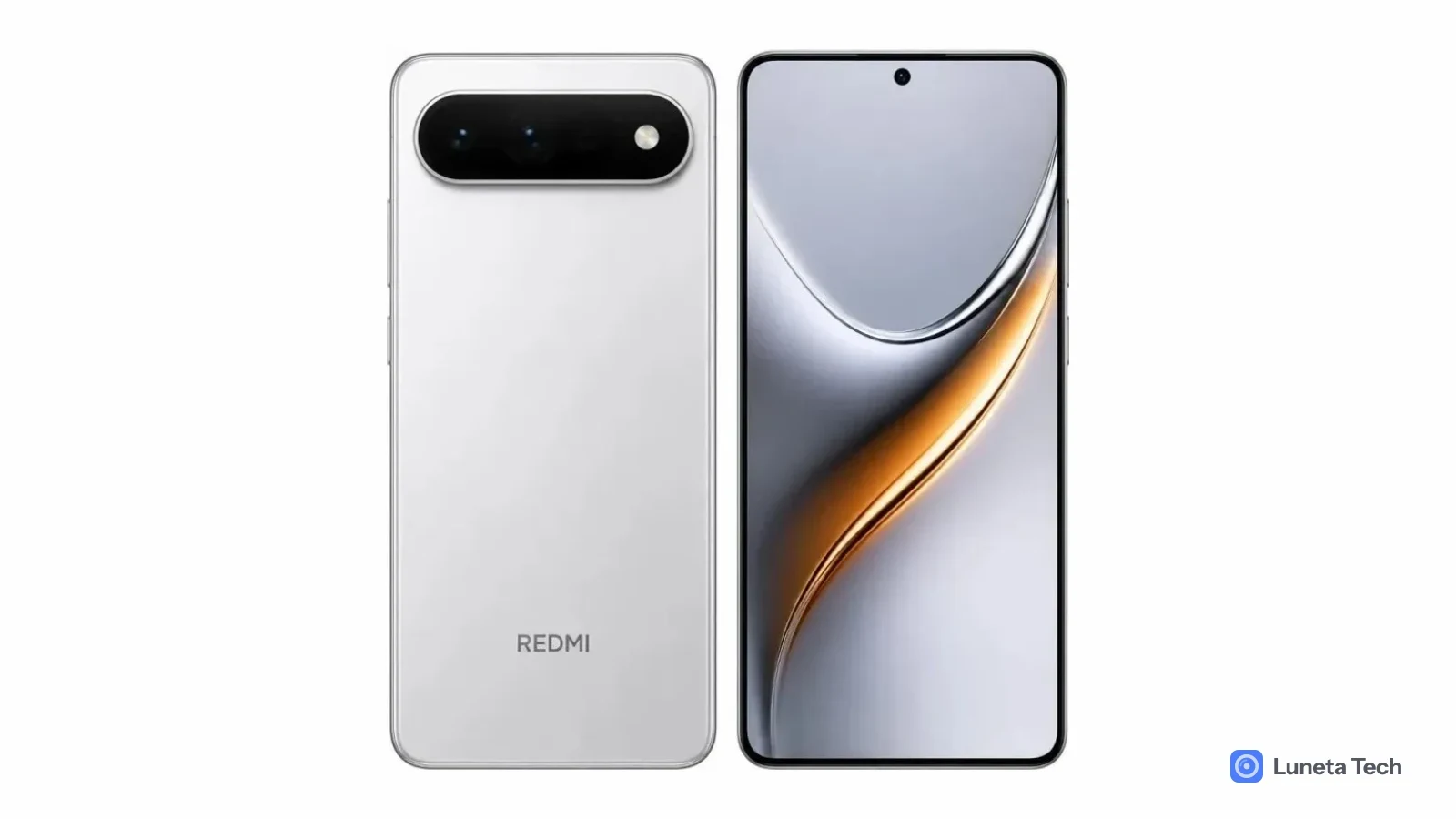 Xiaomi Redmi Turbo 6 Max: Celular branco de costas e de frente sobre fundo branco, com módulo de câmeras oval e tela curva com detalhe laranja.