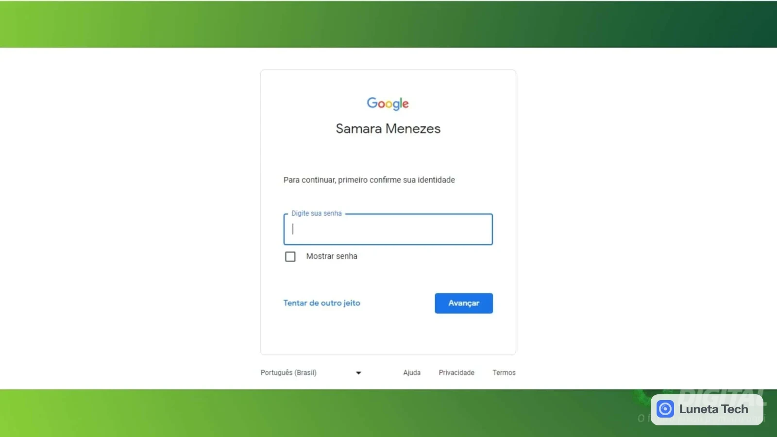 Google Passkey (chave de acesso) da Conta do Google: Tela de login do Google pedindo a senha, com nome de conta visível, fundo verde e marca do portal no canto