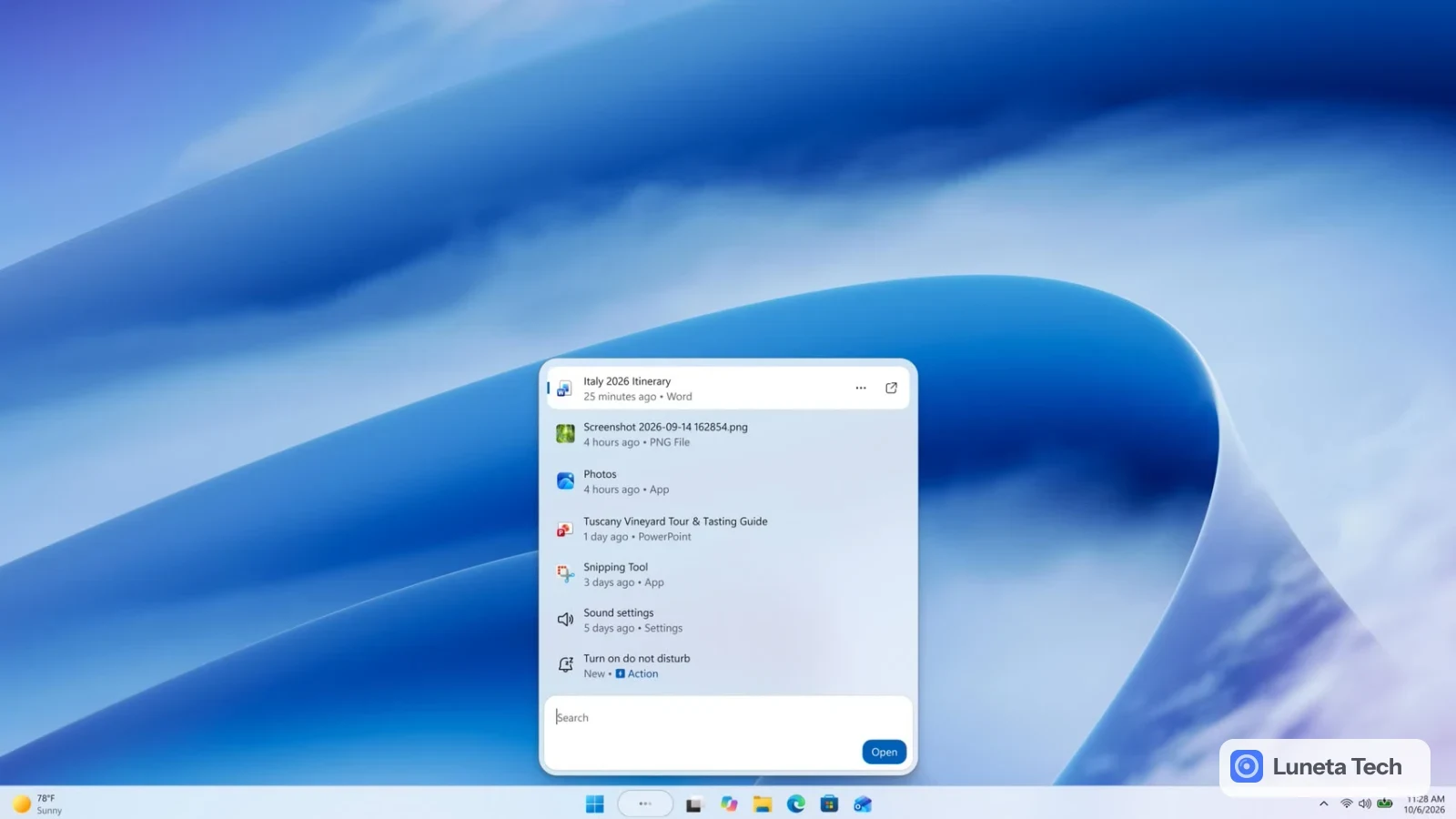 Microsoft Windows 11 busca na barra de tarefas: Captura de tela de apresentação no PowerPoint com a busca do Windows aberta sobre a barra de tarefas, sugerindo