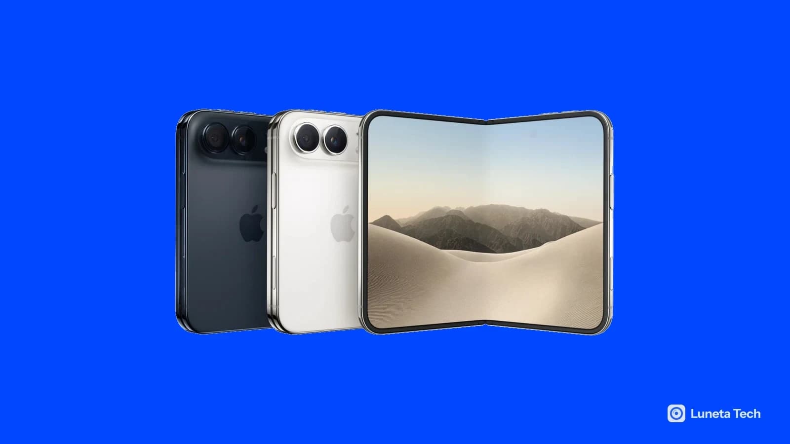 Apple iPhone Duo: dois de costas em azul-marinho e branco com câmeras duplas, e um dobrável aberto mostrando paisagem de dunas e montanhas.