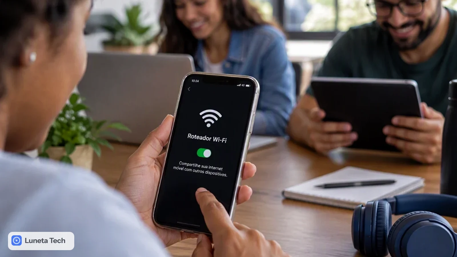 roteador móvel do celular (ponto de acesso): Pessoa segurando celular com tela mostrando ícone de roteador Wi-Fi e opção ativada, com outras pessoas ao fundo em