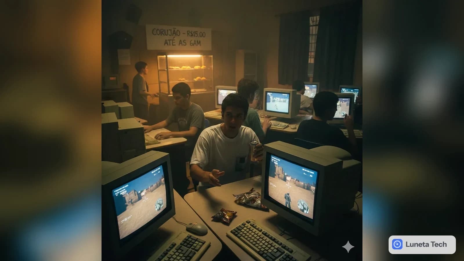 Lan house anos 2000, cybercafé com computadores de mesa e monitores CRT: Ilustração de lan house à noite com jovens em monitores de tubo, vitrine de salgados e