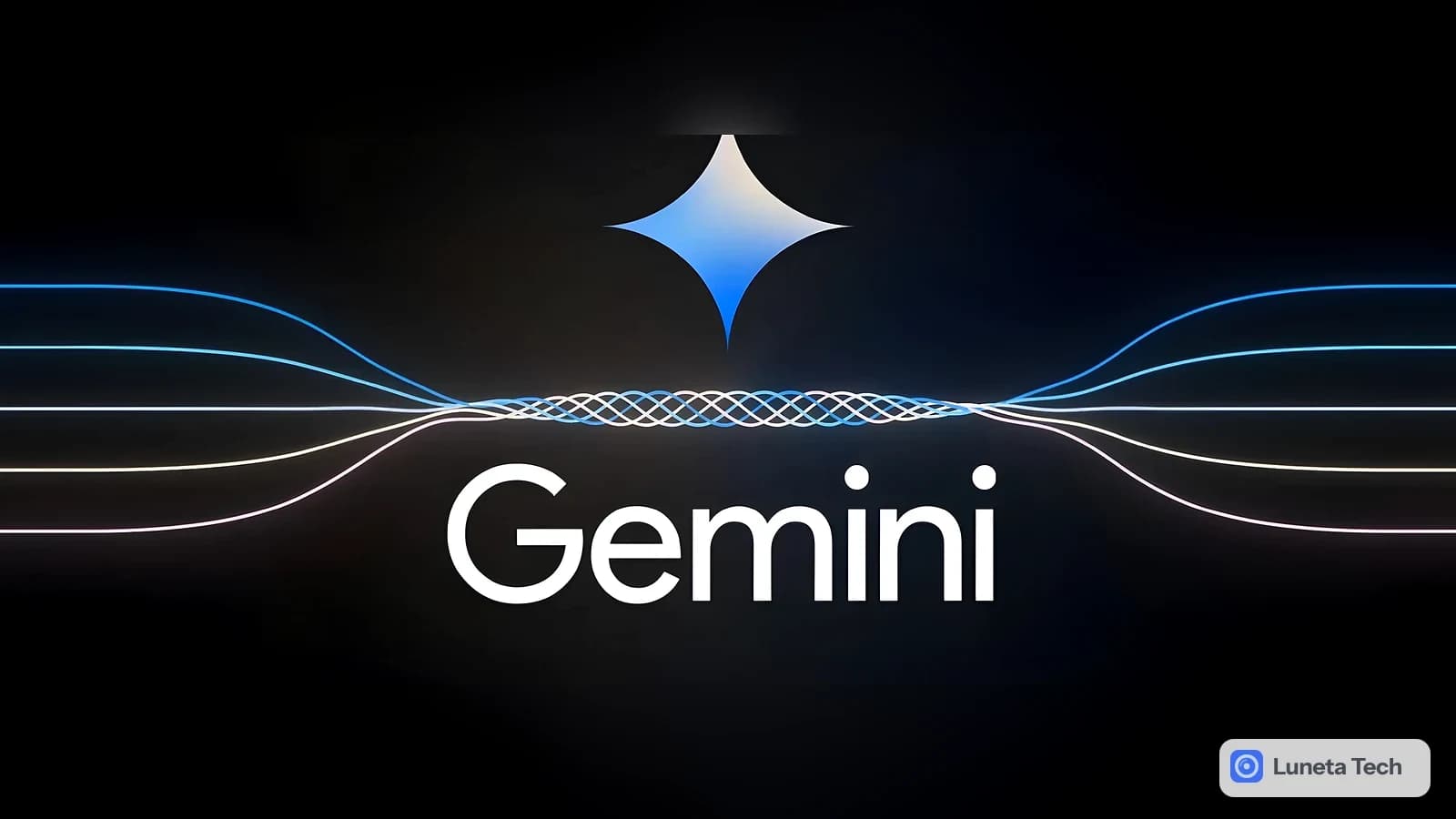 Google Gemini: Logotipo branco do Gemini com estrela de quatro pontas azul acima, sobre fundo escuro com faixas de luz em curvas.