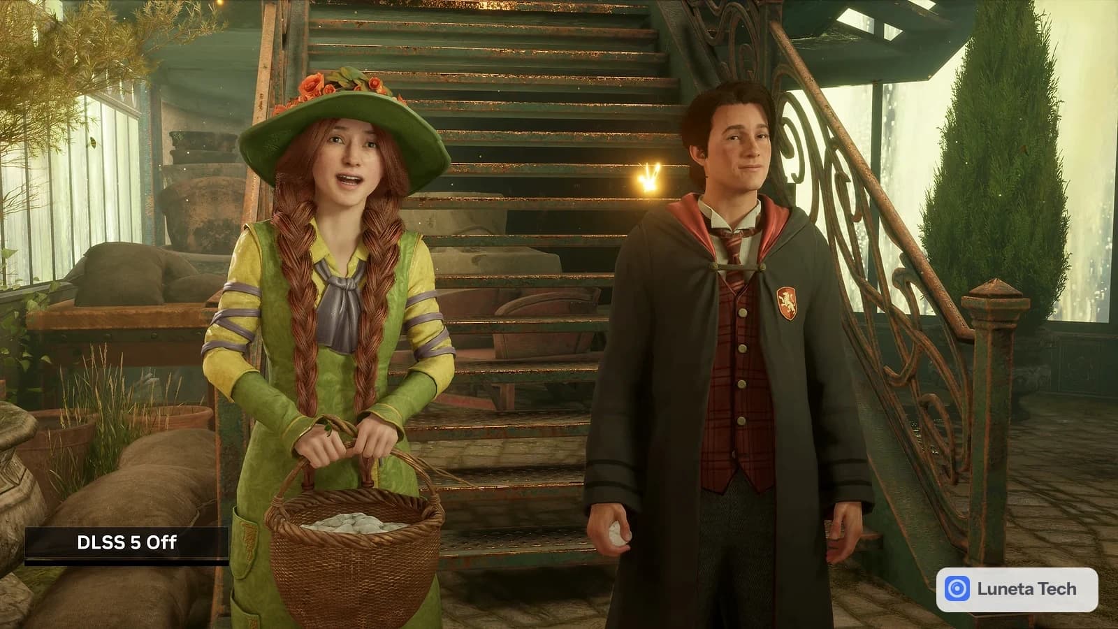Nvidia DLSS 5, tecnologia de renderização neural da Nvidia: Captura de jogo com duas personagens em um pátio de castelo, com a legenda DLSS 5 Off no canto infer