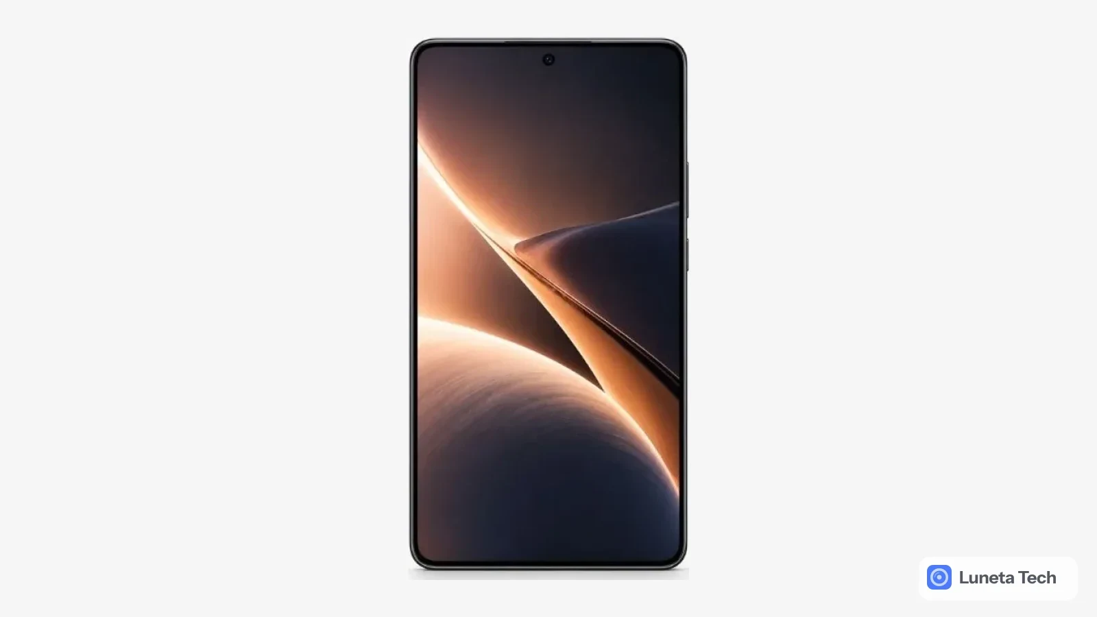 Oppo Reno X: Celular preto de frente, com tela de bordas finas e imagem em tons de laranja e preto, sobre fundo branco