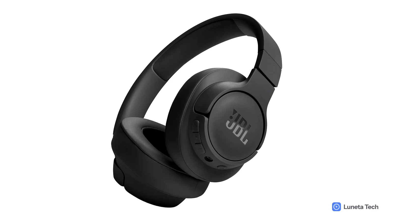 JBL cancelamento de ruído ativo e passivo em fones de ouvido: Fone over-ear preto com almofadas acolchoadas e botões laterais, em fundo branco, vista em três qu