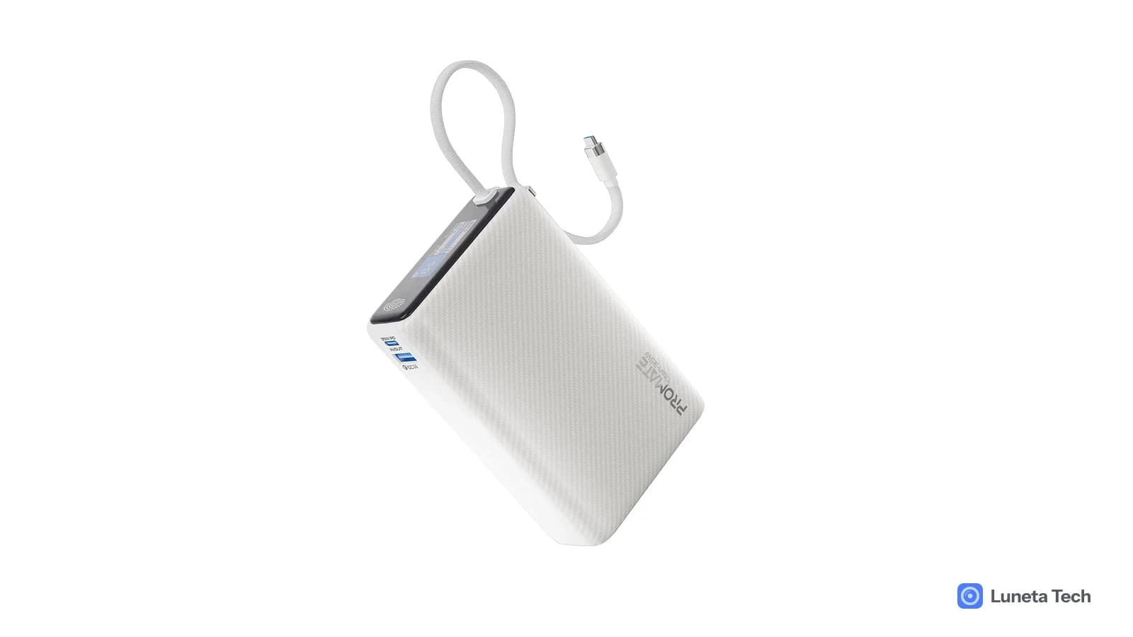 PROMATE Power bank com USB-C para celular e notebook: Power bank branco em fundo neutro, com cabo USB-C embutido saindo pela parte superior e mostrador digital