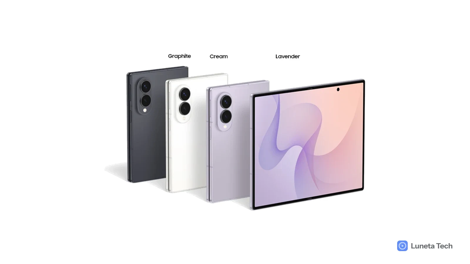 Samsung Galaxy Z Fold8: Quatro dobráveis lado a lado em grafite, branco, creme e lavanda, com a tela aberta à direita em tons rosa e lilás