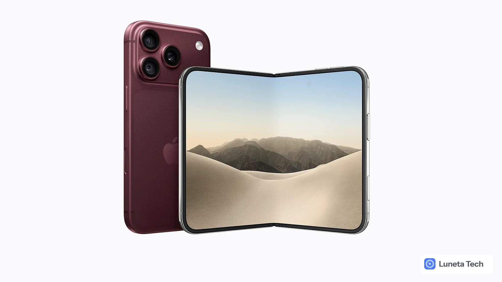 Apple iPhone 18 Pro: Aparelho vermelho-escuro visto de costas ao lado de um celular dobrado, com tela mostrando dunas e montanhas, em fundo branco.