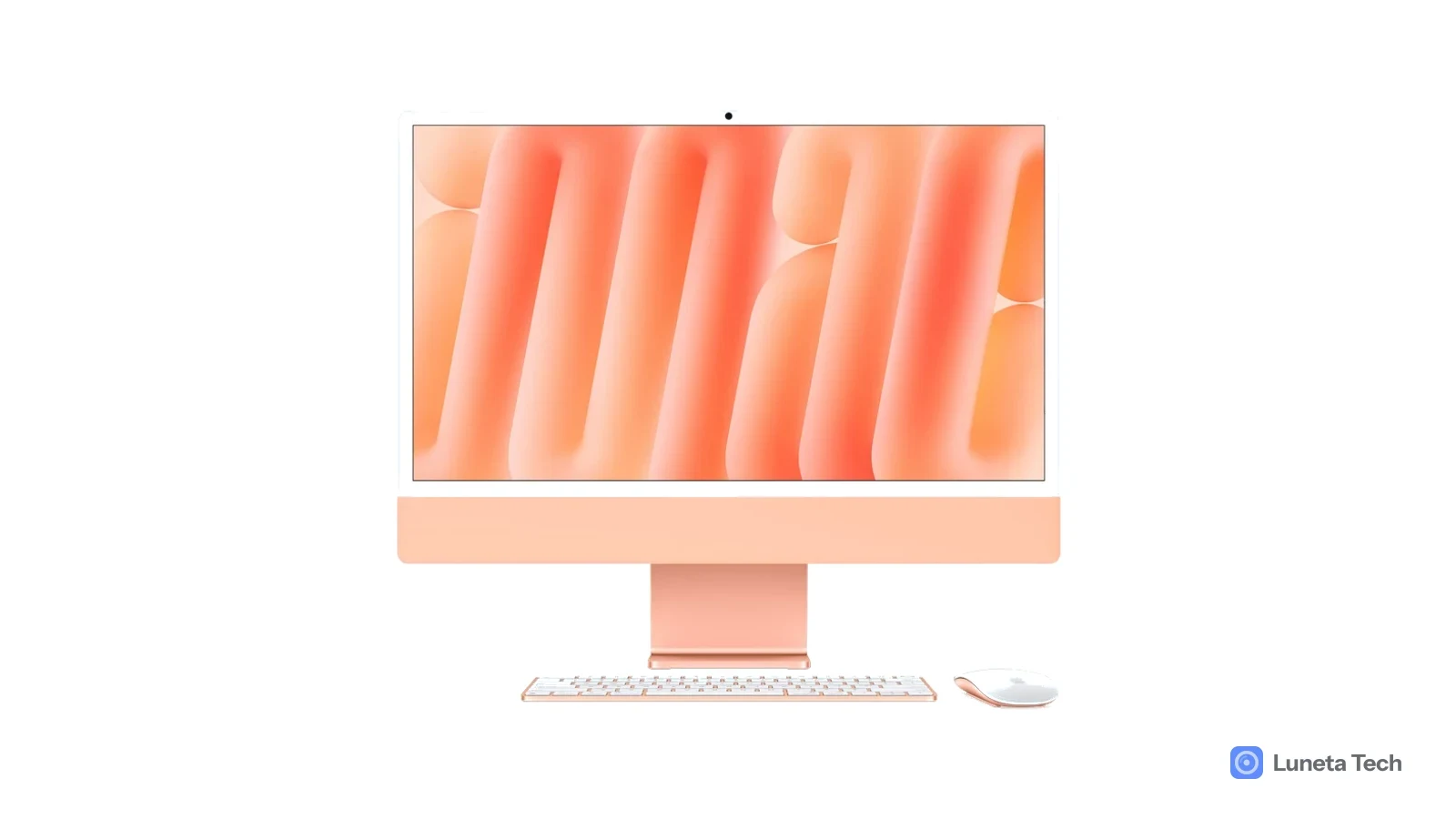 Apple iMac: iMac laranja de frente sobre fundo rosa claro, com teclado e mouse brancos ao lado, tela com papel de parede laranja.