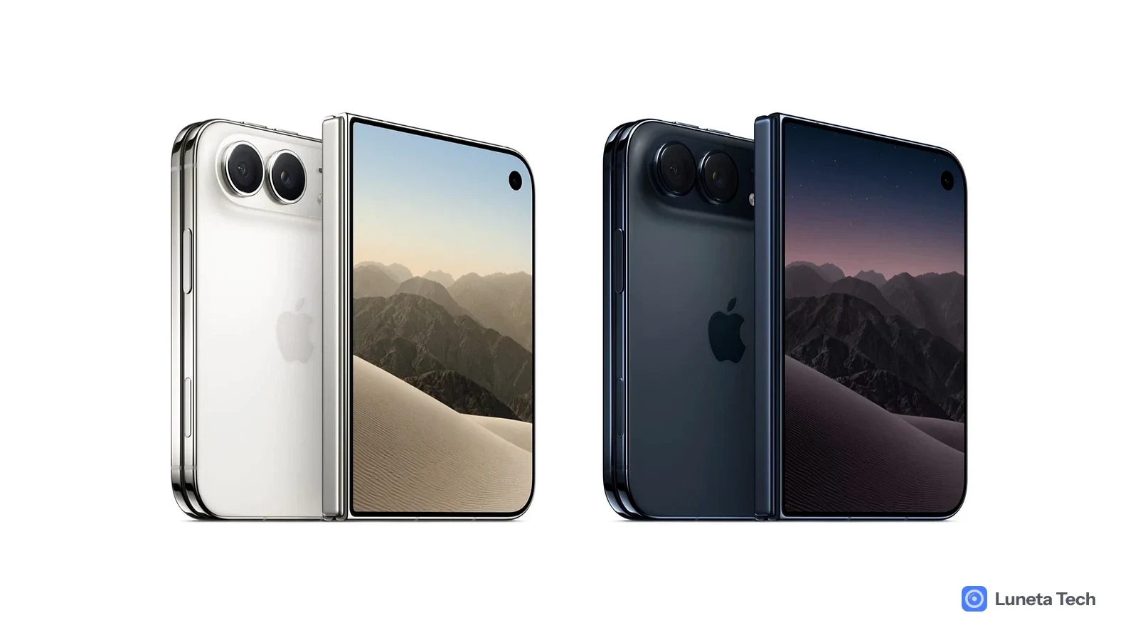 Apple iPhone Duo: Dois aparelhos dobráveis lado a lado, um branco prateado e outro azul-escuro, mostrando a tela com paisagem de dunas.