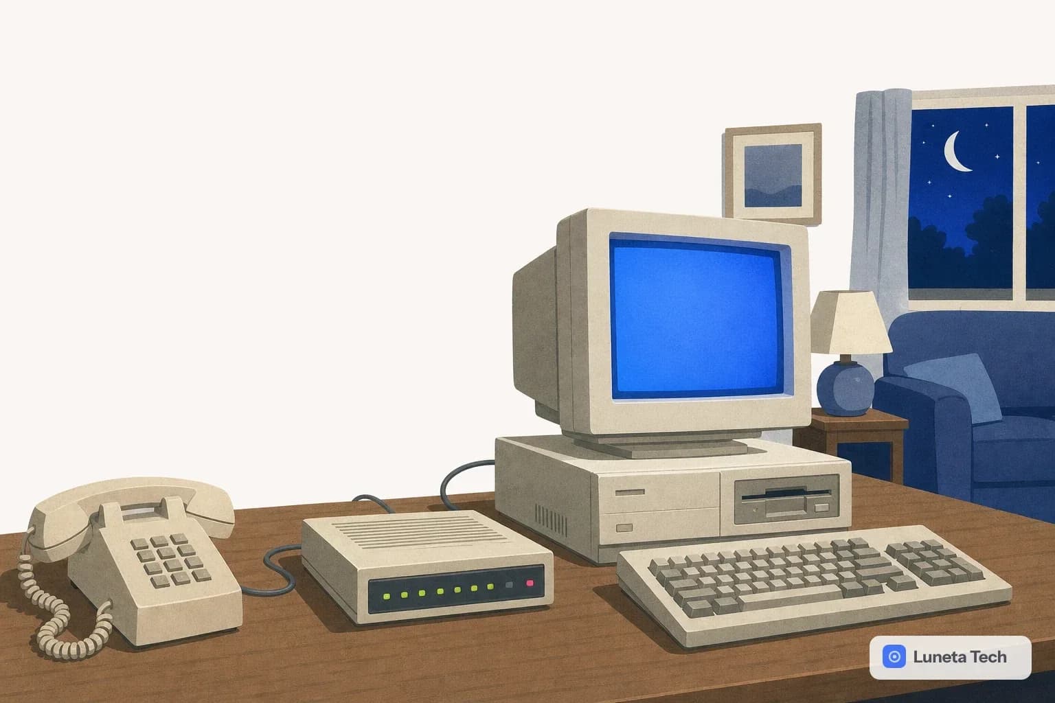 Computador de mesa antigo com monitor CRT azul, teclado, modem e telefone bege com fio em uma escrivaninha, numa sala à noite.