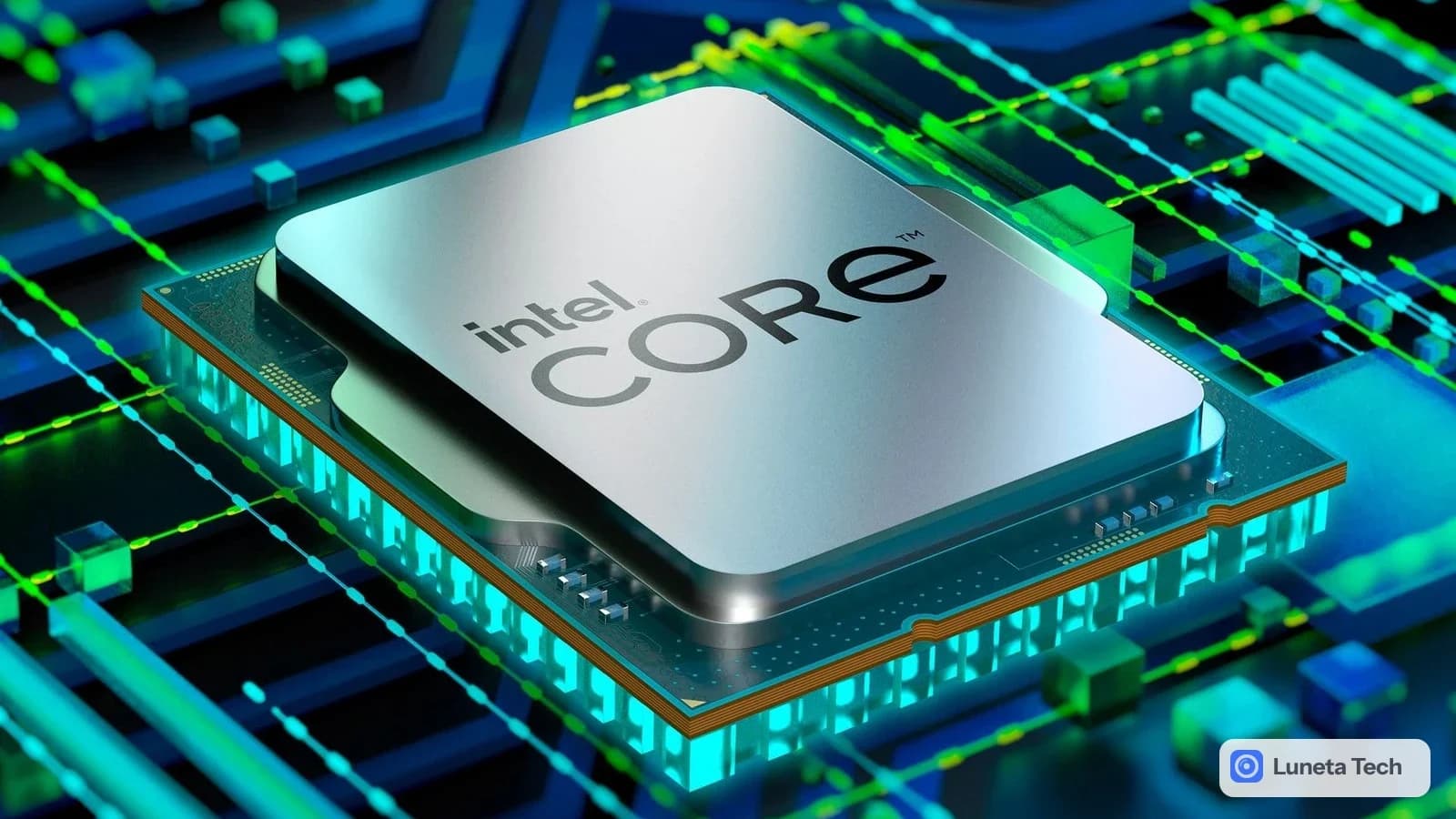 Intel soquete LGA1700 com memória DDR4: Render 3D de processador Intel Core em ângulo sobre uma placa de circuito com linhas verdes luminosas