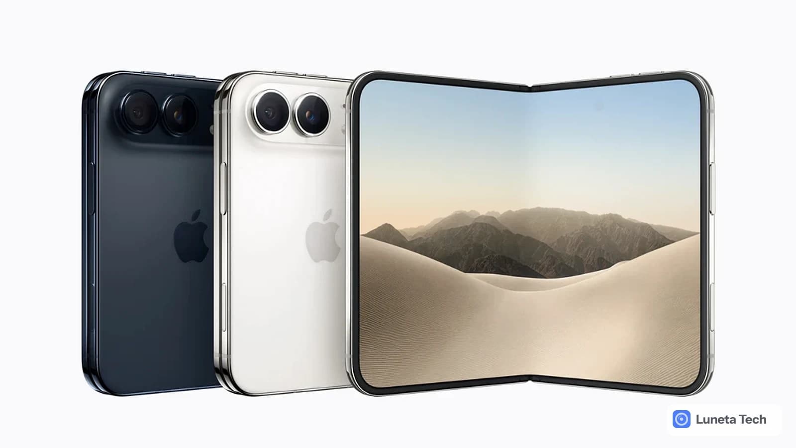Apple iPhone Duo: dois de costas, azul-escuro e prata, e um dobrável aberto mostrando tela com dunas.