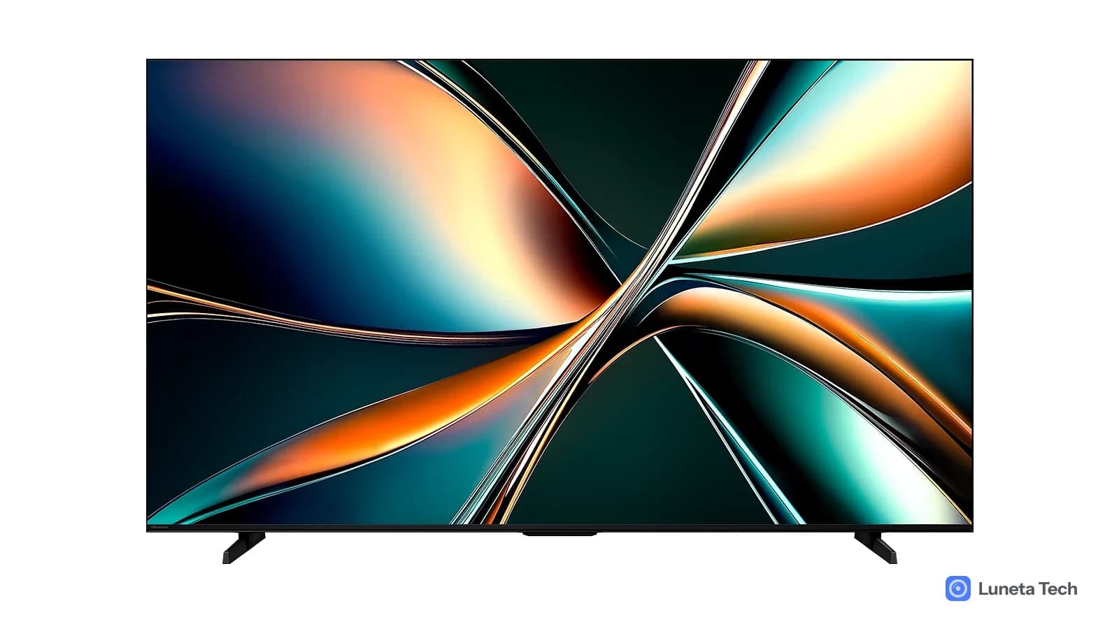 Hisense Mini LED U7Q: Televisor preto de frente em fundo branco, com tela de imagem abstrata em tons laranja, azul e verde e pés de apoio.