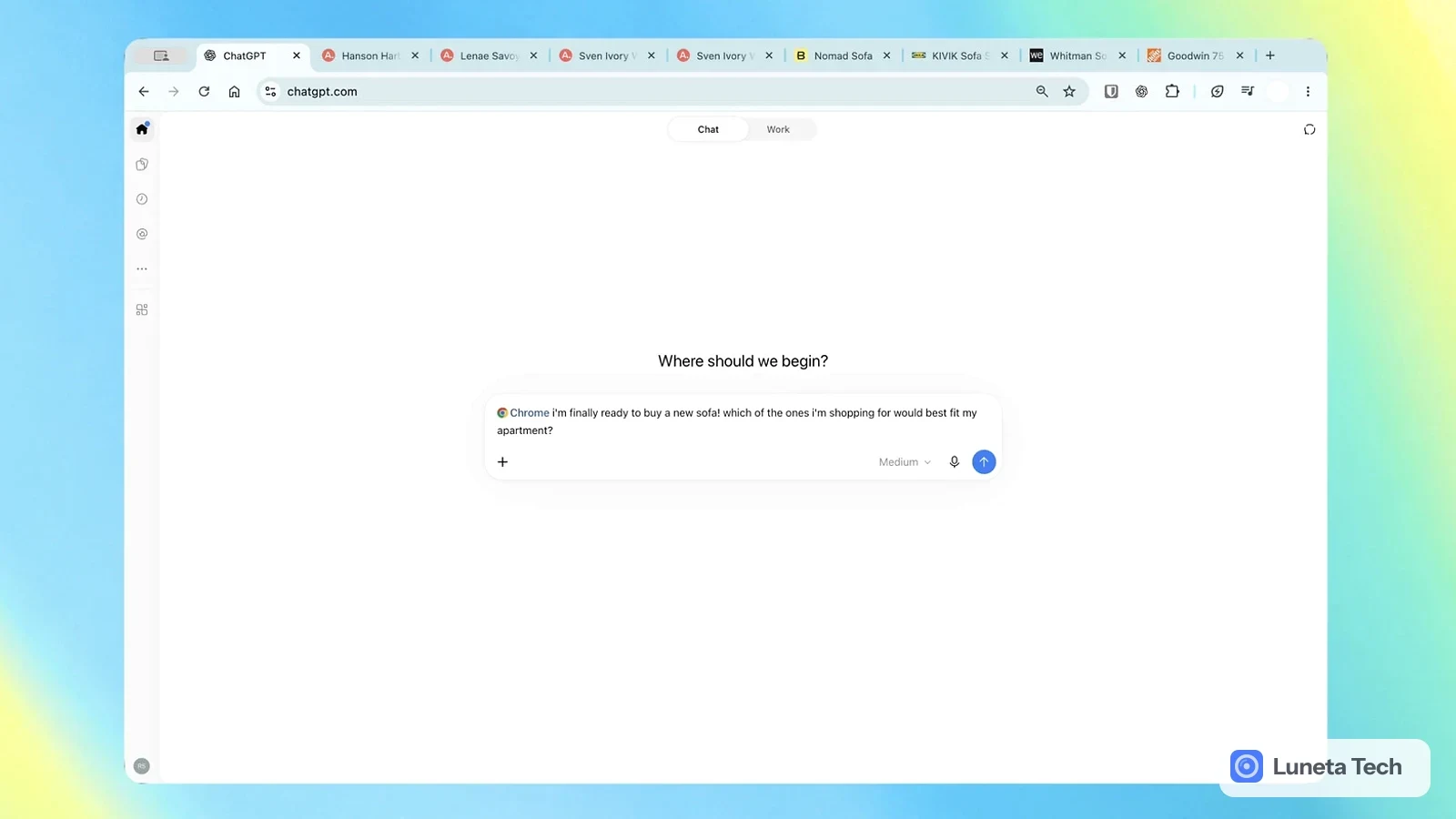 OpenAI Google Chrome com chatgpt.com aberto: Captura de janela do navegador com várias abas abertas e a página do chatgpt.com em destaque, sobre fundo azul e am