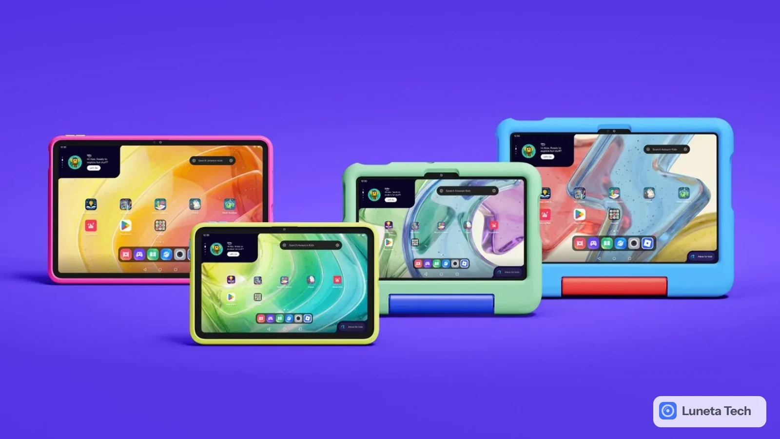 Amazon Fire Tablet: Quatro tablets em cores vivas (rosa, verde-limão, verde-menta e azul) de frente, sobre fundo roxo, com capas de silicone e telas coloridas.