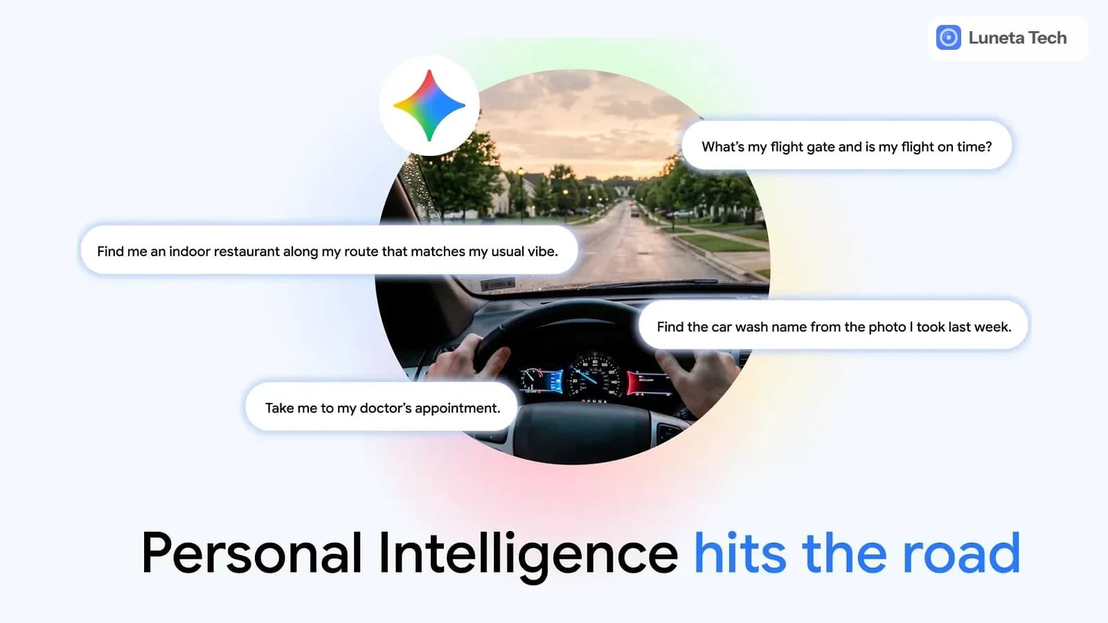 Google Gemini Personal Intelligence no Android Auto: Ilustração de campanha com foto de motorista ao volante, balões de perguntas em volta e o logo do Gemini no