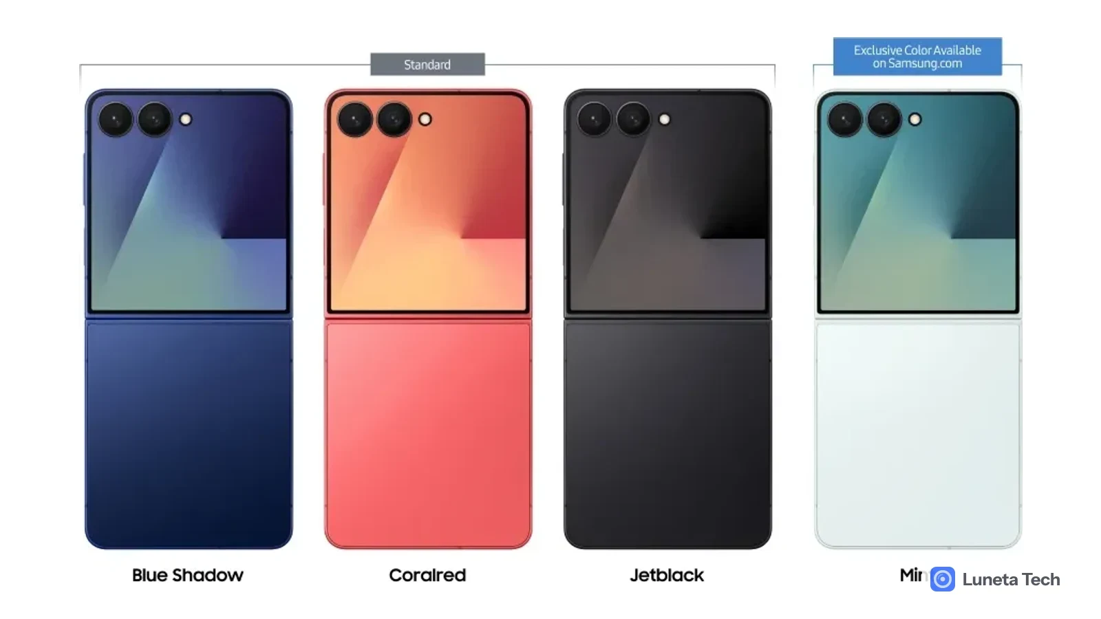 Samsung Galaxy Z Flip 7: Quatro dobráveis vistos de trás nas cores azul, coral, preto e menta, com os nomes das cores abaixo