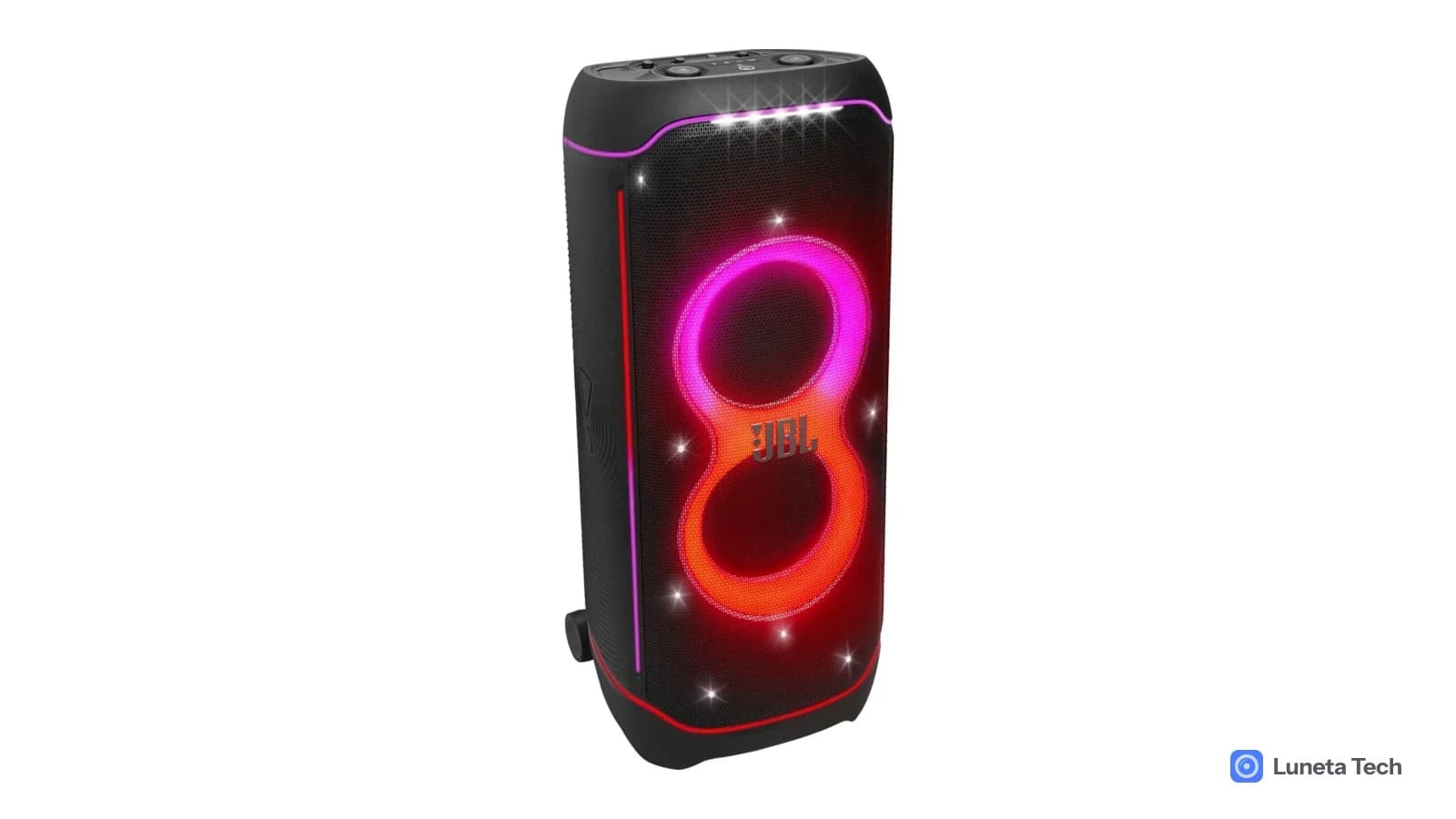 JBL PartyBox Ultimate 2: Caixa de som preta em ângulo, frente com luzes em formato de 8 em rosa e laranja, logo JBL ao centro, em fundo branco