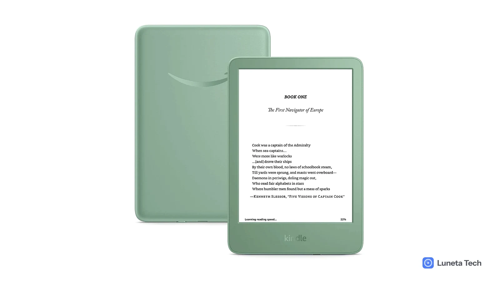 Amazon Kindle: Kindle verde-menta em fundo branco, visto de frente e de costas, com a tela mostrando um trecho de livro em inglês.