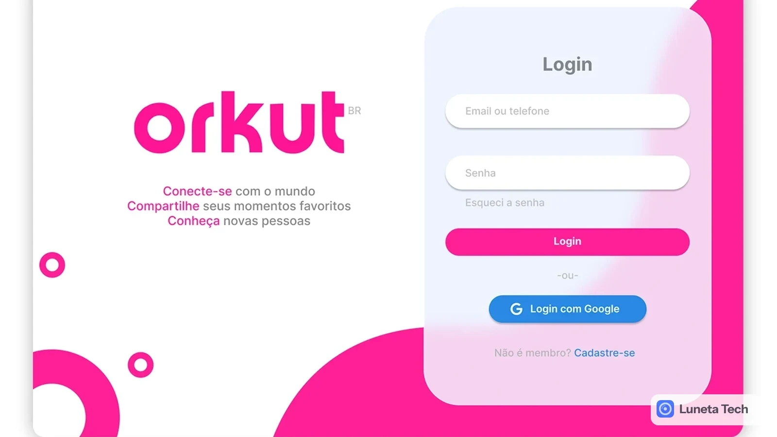 orkut Orkut e MSN Messenger: Tela de login do Orkut em conceito de redesign, com logo rosa à esquerda e formulário de login sobre fundo rosa e branco
