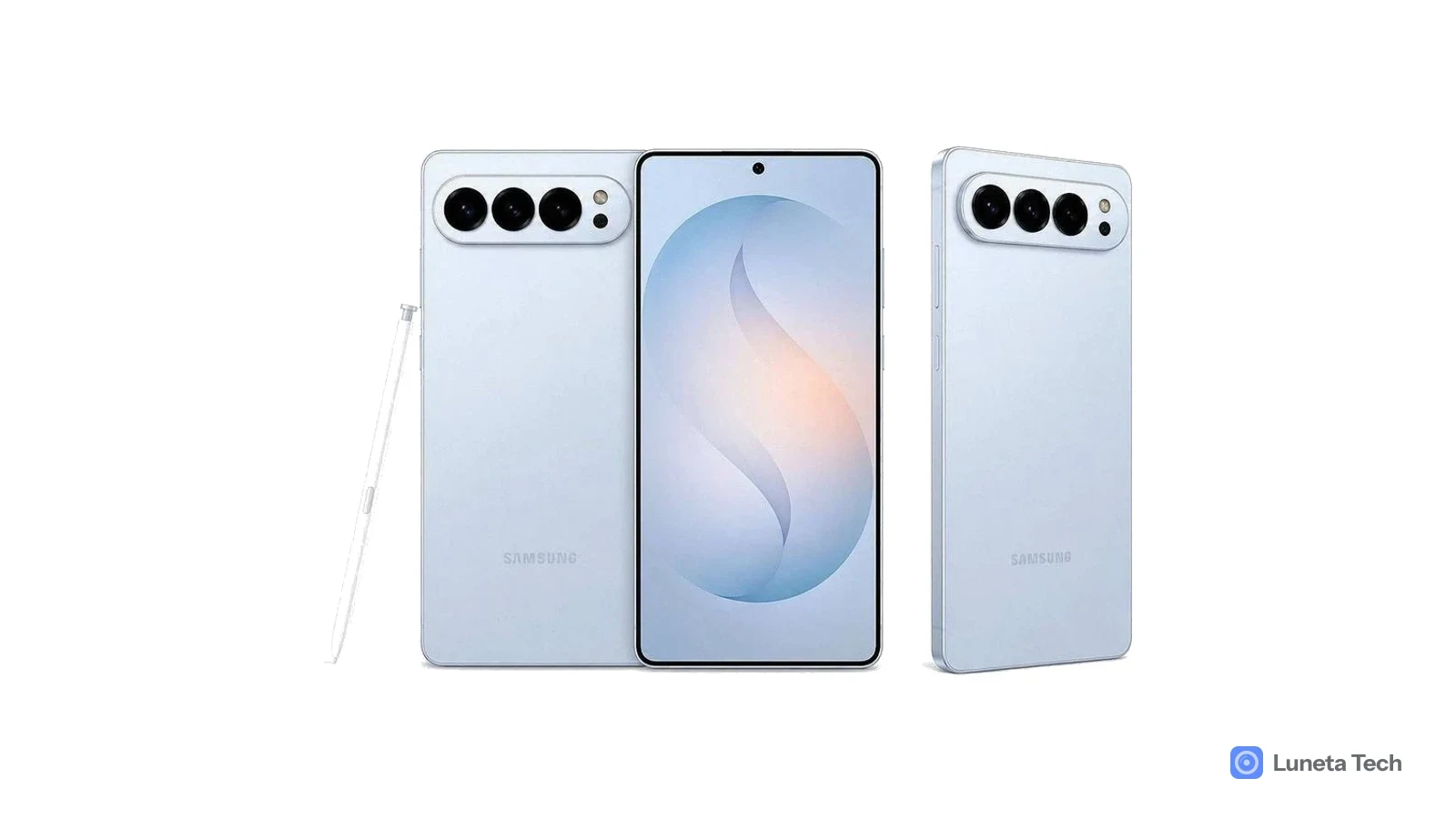 Samsung Galaxy S27: Dois celulares azul-claro em render, de frente e de costas, com módulo de câmeras alongado e uma caneta stylus à esquerda.