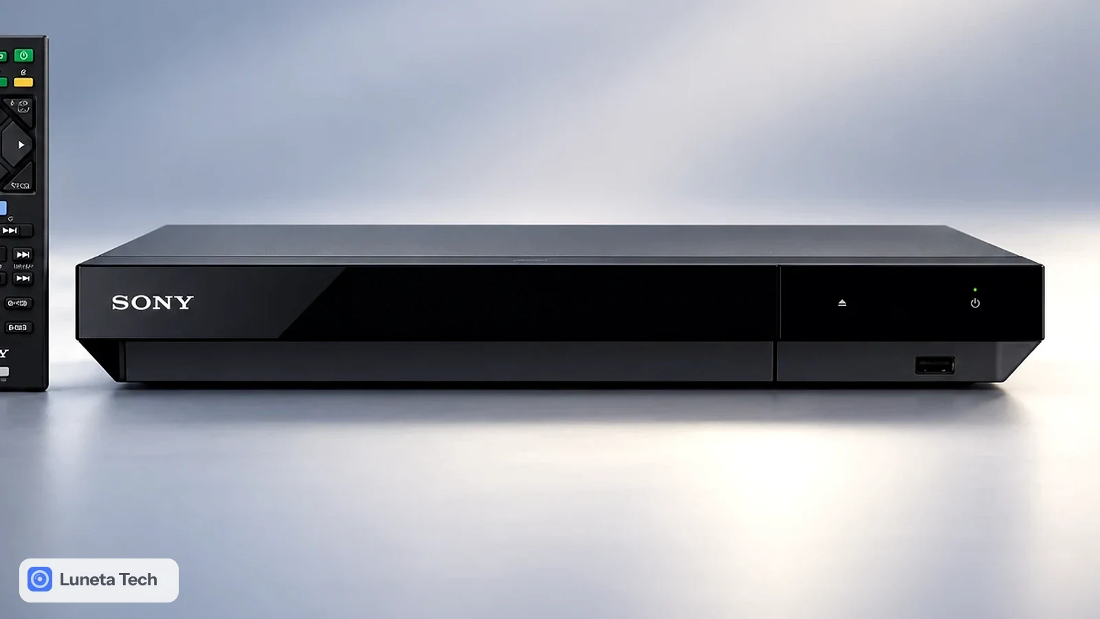 Sony UBP-X700/K: Player de Blu-ray preto de frente em fundo cinza claro, com controle remoto à esquerda e logotipo Sony no painel