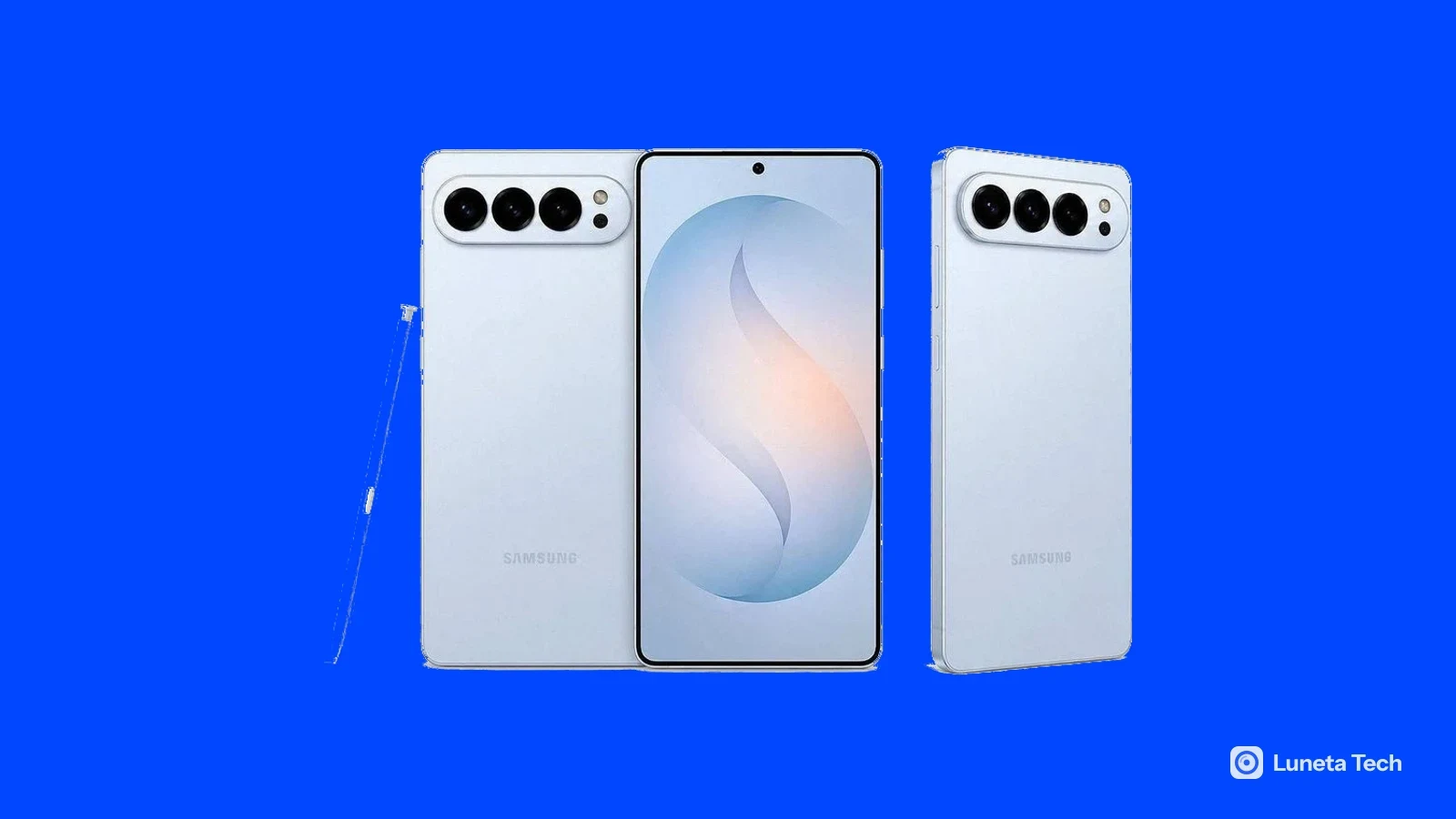 Samsung Galaxy S27 Ultra: Dois celulares azul-claros, um de frente e outro de costas, com caneta S Pen ao lado, em fundo branco de divulgação.