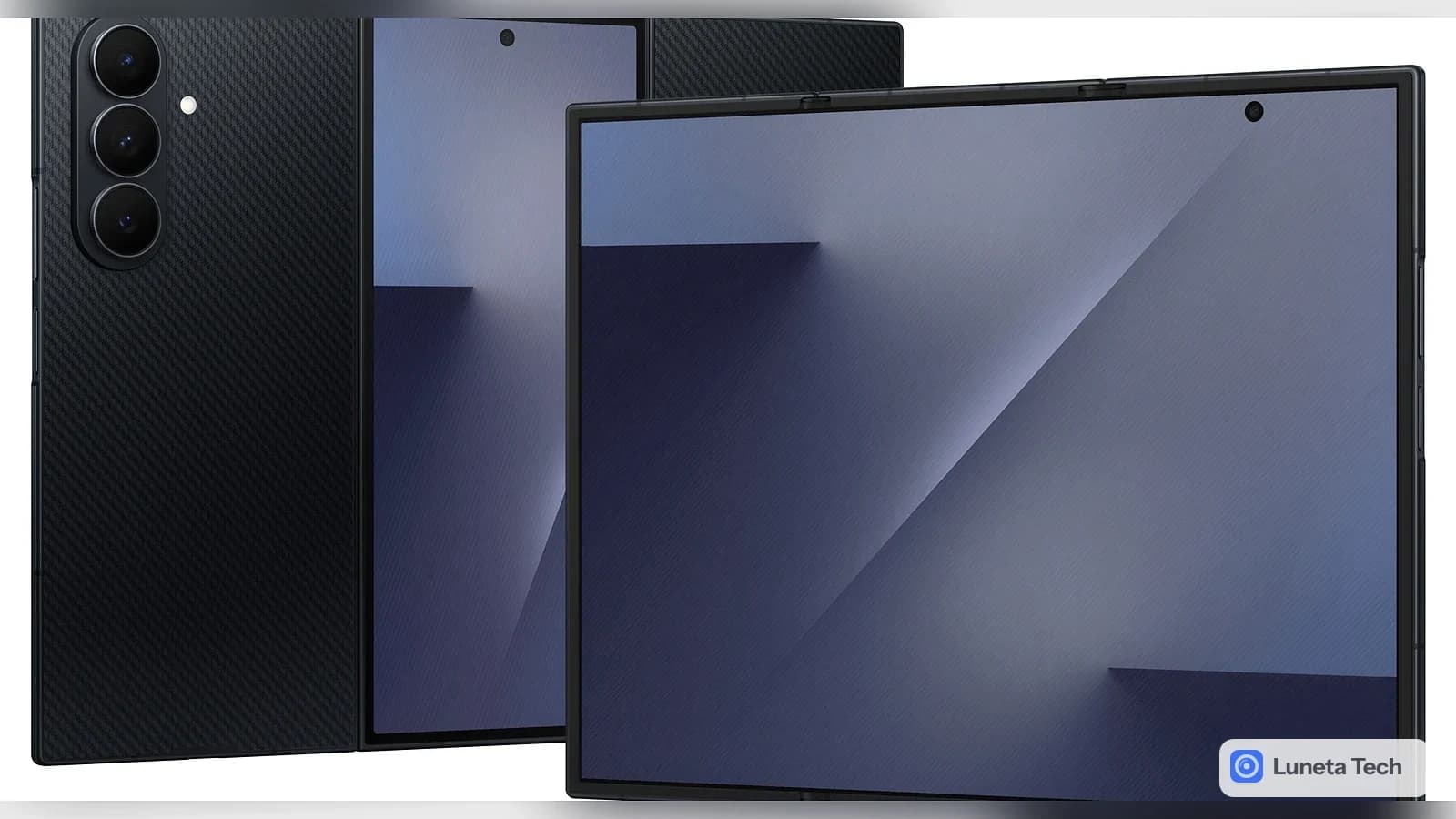 Samsung Galaxy Z TriFold 2: Dois aparelhos dobráveis pretos lado a lado em render, um mostrando o verso com tripla câmera e outro com tela aberta, sobre fundo b