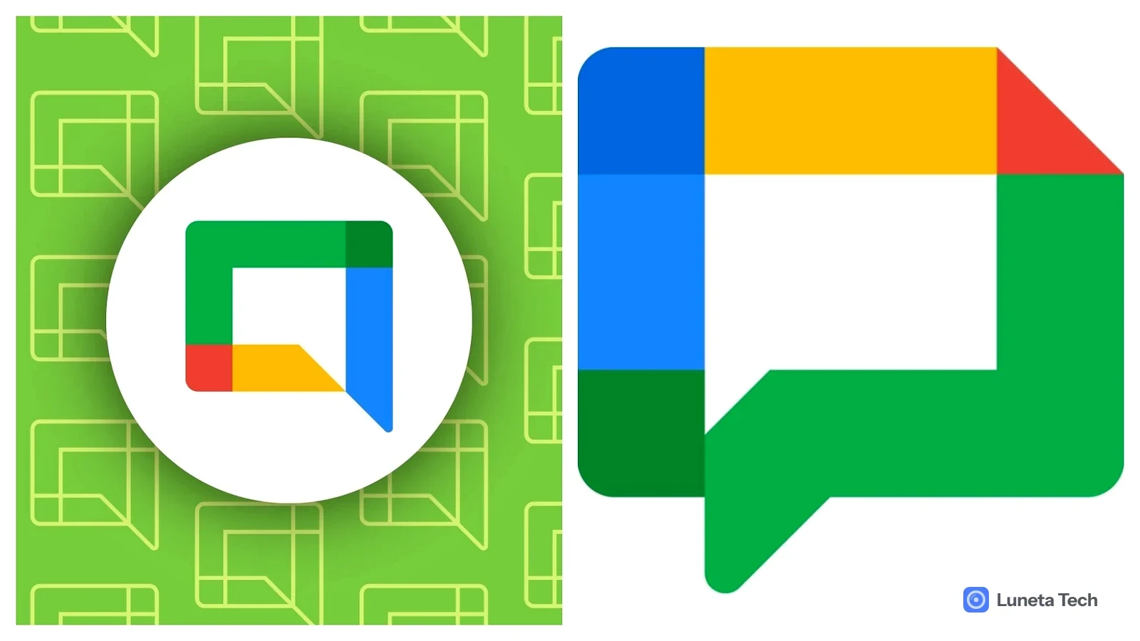 Google Google Chat: Logo do Google Chat em círculo branco sobre fundo verde com padrão, e logo maior do Google Chat à direita, em verde, azul, amarelo e vermelh