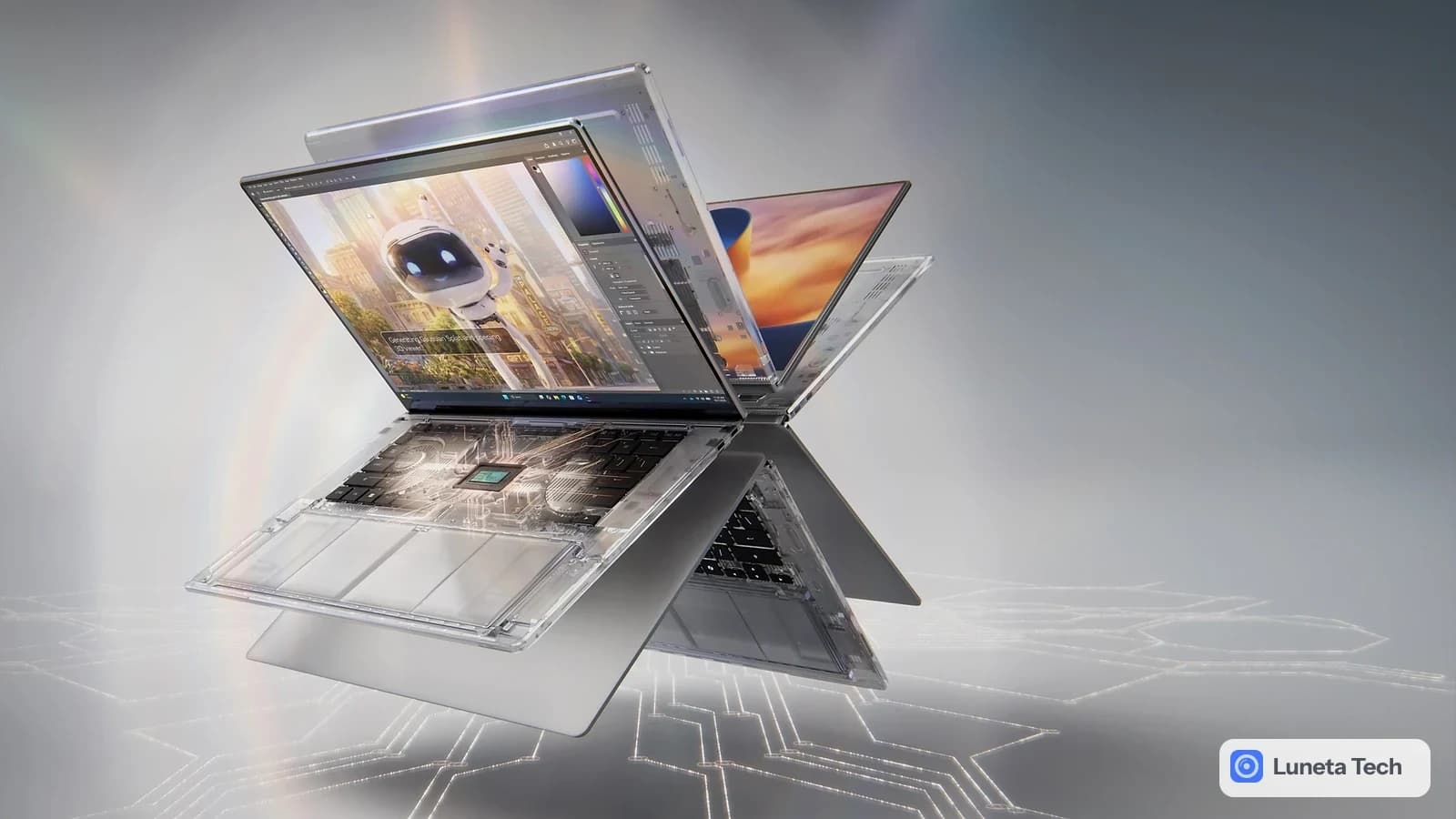 NVIDIA Notebook com placa de vídeo NVIDIA RTX Blackwell: Render de notebook prateado com carcaça transparente em vários ângulos, com tela mostrando ilustração d