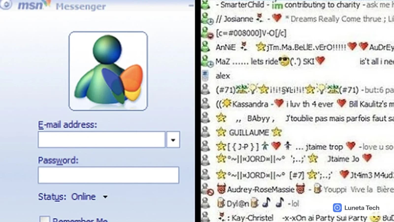 Microsoft MSN Messenger: tela de login à esquerda com campos de e-mail e senha, e lista de contatos com nicks à direita