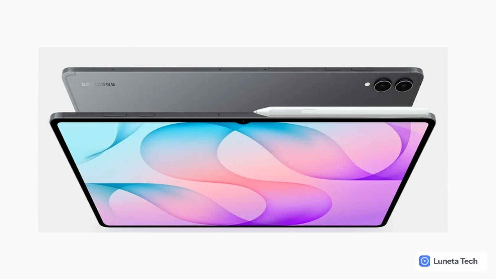 Samsung Galaxy Tab S12+: Dois tablets cinza-escuros em ângulo, com tela colorida em degradê azul e rosa e caneta stylus à direita, fundo claro.