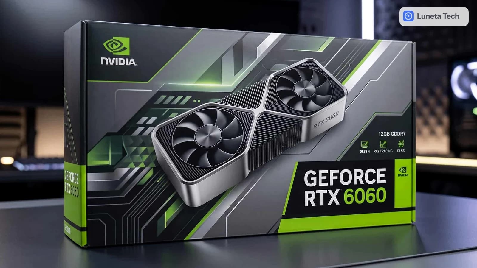 Nvidia GeForce RTX 6060: Caixa de placa de vídeo GeForce RTX 6060 com dois coolers, em fundo de mesa escura, vista frontal.