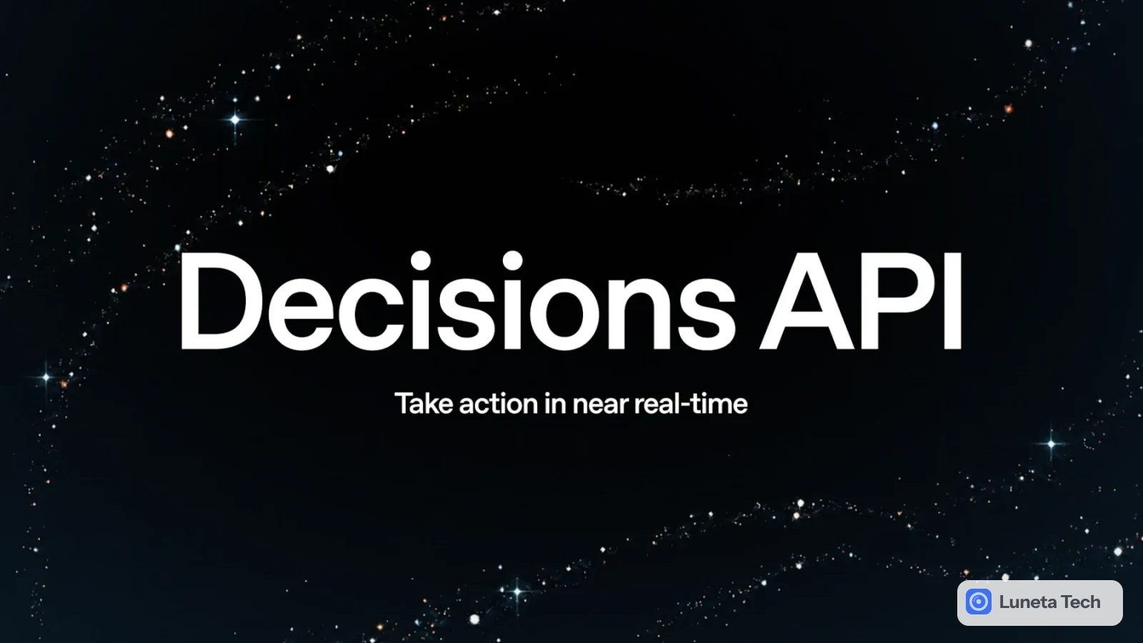 OpenAI Decisions API: Arte de campanha com o texto Decisions API e a frase Take action in near real-time sobre fundo escuro estrelado