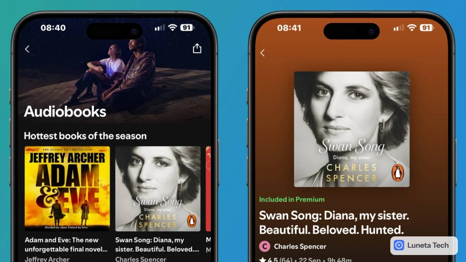 Spotify Audiobooks: Duas capturas de tela do app em celulares mostrando a seção Audiobooks e a página do audiolivro Swan Song, sobre fundo azul