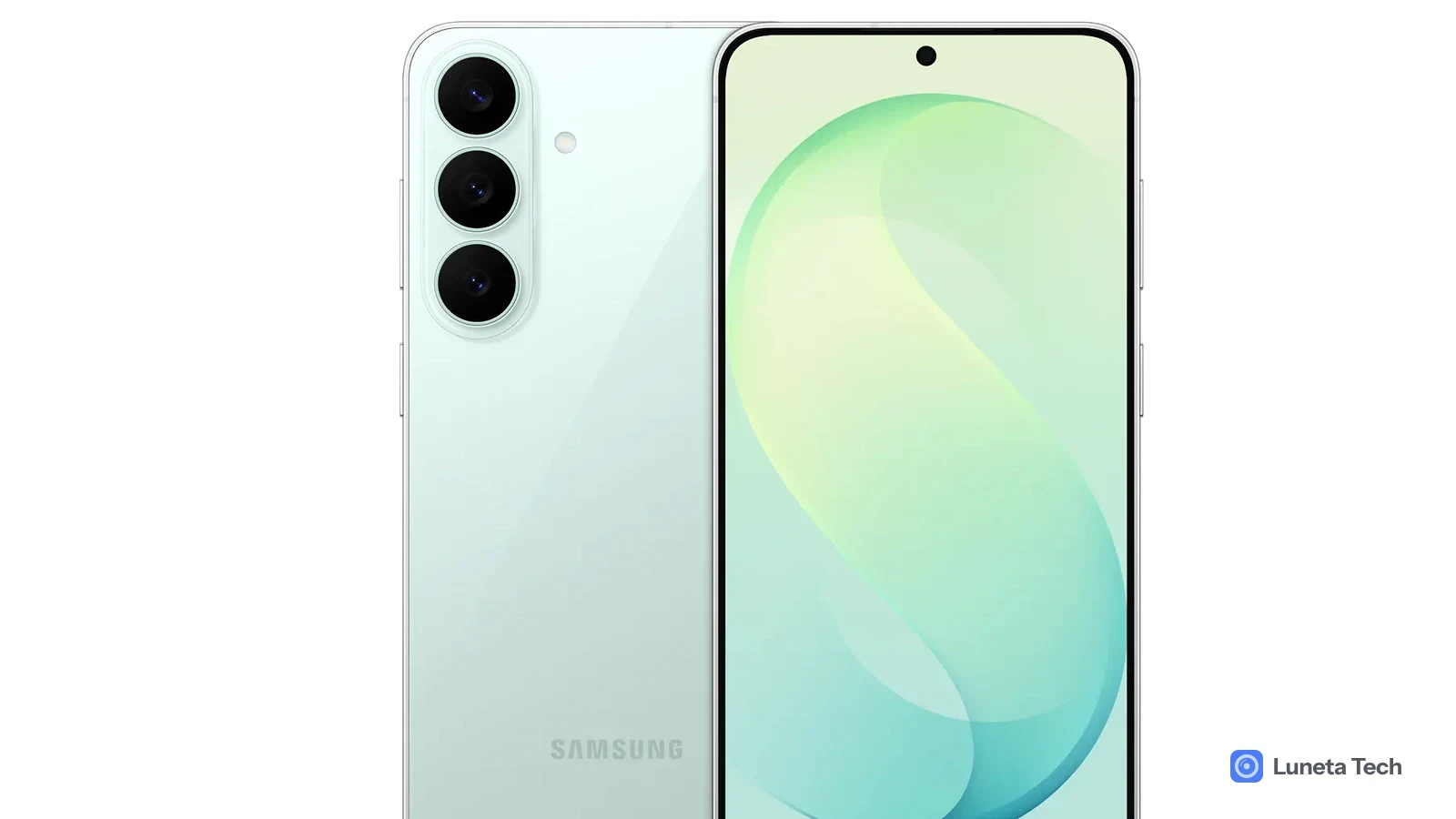 Samsung Galaxy S26 FE: Dois celulares Samsung verde-menta lado a lado, traseira com três câmeras à esquerda e tela frontal com papel de parede verde à direita,