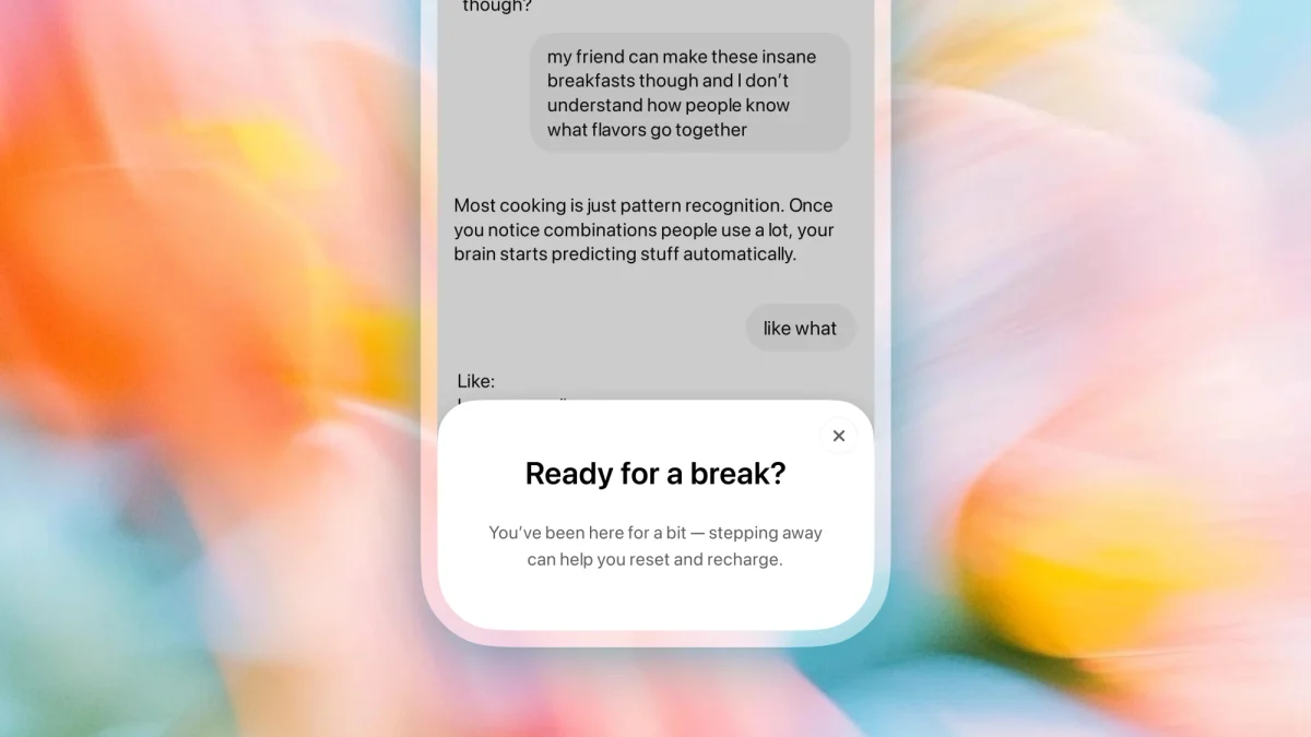 OpenAI ChatGPT for Teens: Celular em fundo desfocado colorido, mostrando conversa de chat com o aviso 'Ready for a break?' na parte de baixo da tela.