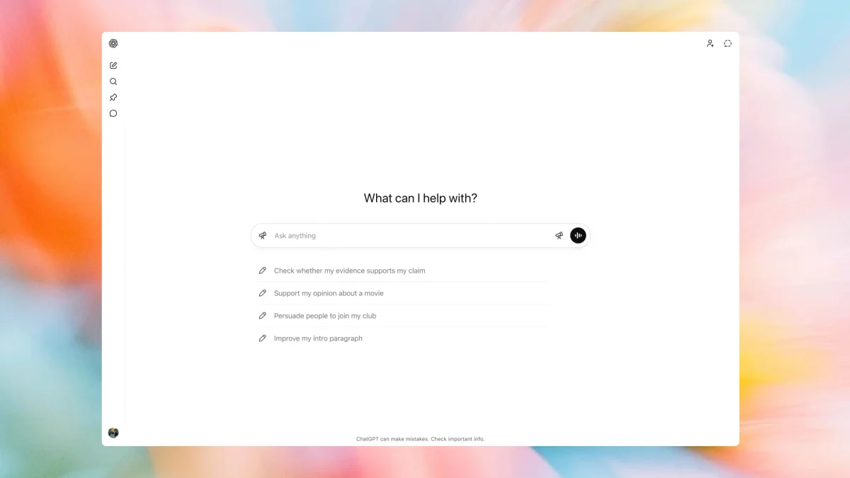 OpenAI ChatGPT for Teens: Janela de navegador com tela inicial do chat, fundo claro e colorido, e campo de texto central com sugestões de perguntas.