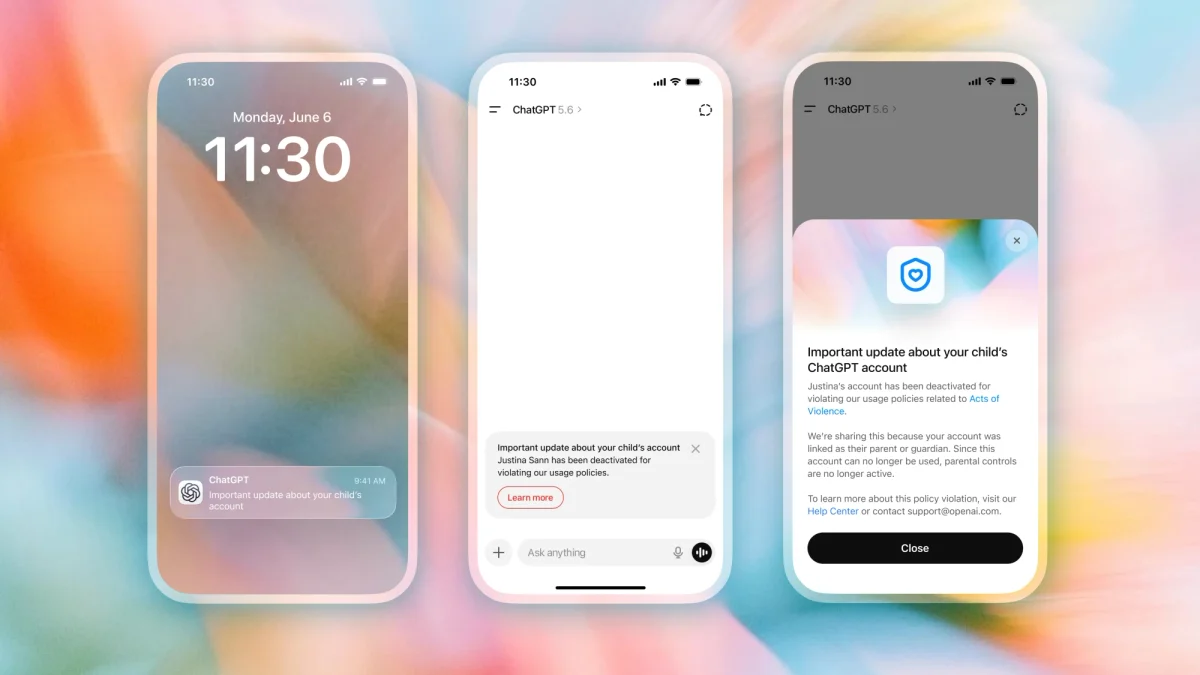 OpenAI ChatGPT for Teens: Três celulares lado a lado com notificações e alertas de conta na tela de bloqueio e no chat, em fundo colorido.
