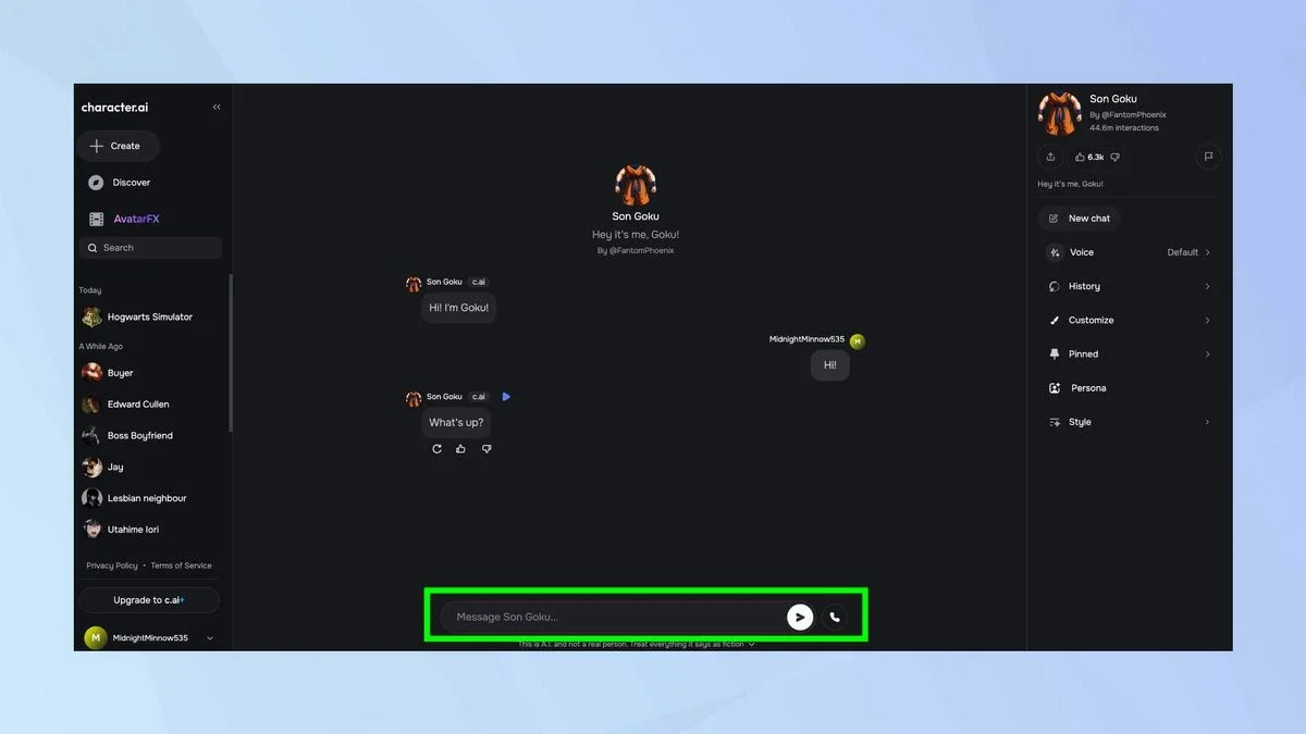 character.ai Character.AI, plataforma de personagens de inteligência artificial: Captura de tela do site da plataforma com conversa com o personagem Son Goku, c