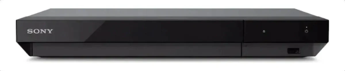 Sony UBP-X700/K: Leitor de Blu-ray preto de frente, com logo Sony à esquerda e botões à direita, em fundo branco.