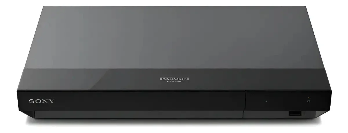 Sony UBP-X700/K: Leitor de Blu-ray preto visto de frente e de cima, com logo Sony, em fundo cinza claro.