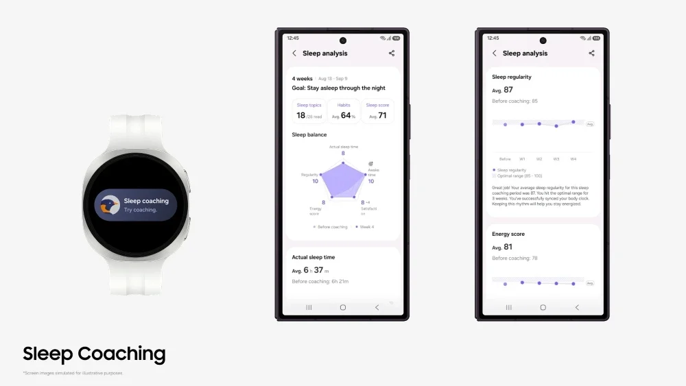 Samsung Samsung Health, aplicativo de saúde e sono: Relógio branco com tela de coaching de sono e duas telas de análise de sono em celulares, sobre fundo branco