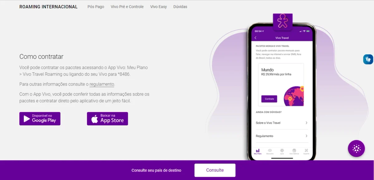 Vivo roaming internacional Vivo Travel: Captura do site da Vivo com a página de roaming internacional e um celular roxo com a tela do app Vivo Travel à direita.