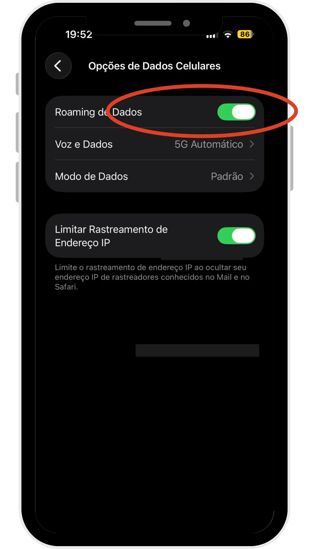 Vivo Vivo Travel, plano de roaming internacional da Vivo: Captura de tela de celular mostrando Opções de Dados Celulares com Roaming de Dados ativado, destacada