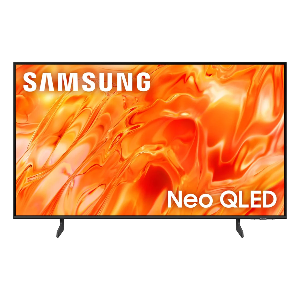 Samsung Neo QLED QN70H: Televisor Samsung Neo QLED preto de frente, com tela laranja e vermelha e pés pretos, em fundo branco.